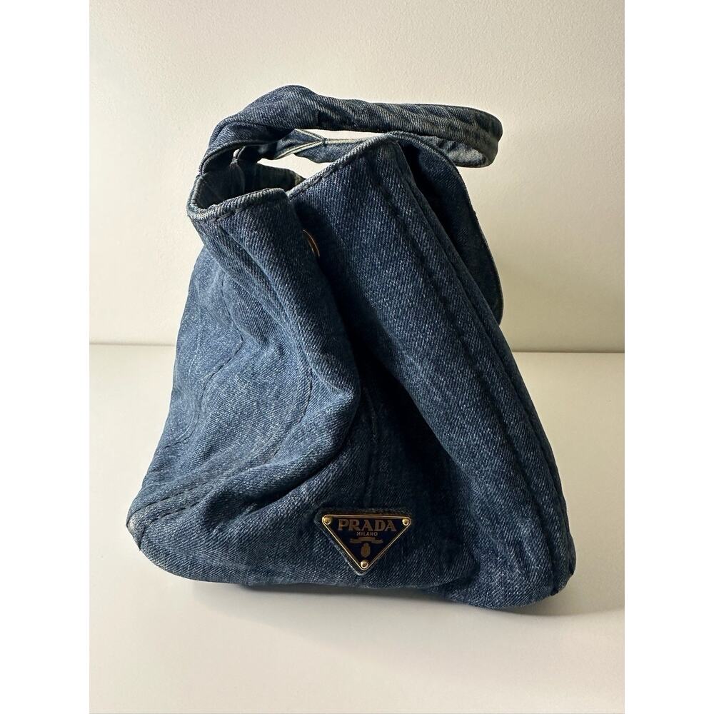 PRADA Denim Tote Bag Shopper Triangle Logo Handbag Shoulder Bag - Picture 3 of 16
